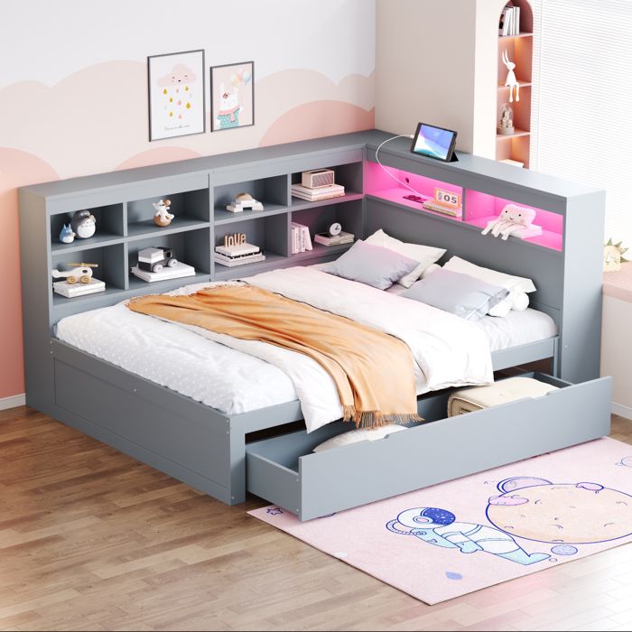 Lit coffre 140x200 cm en bois massif gris canapé-lit multifonction avec rangements et LED