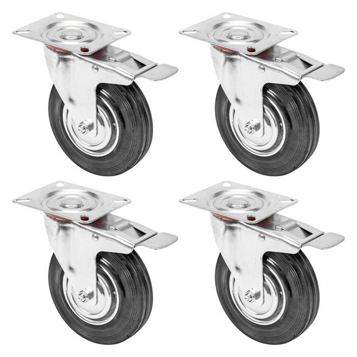 Roulettes HMF 6790 Lot de 4 Caoutchouc Plein 125 mm avec Frein Charge 400 kg Roulettes HMF 6790 Lot de 4 Caoutchouc Plein 125 mm avec Frein Charge 400 kg