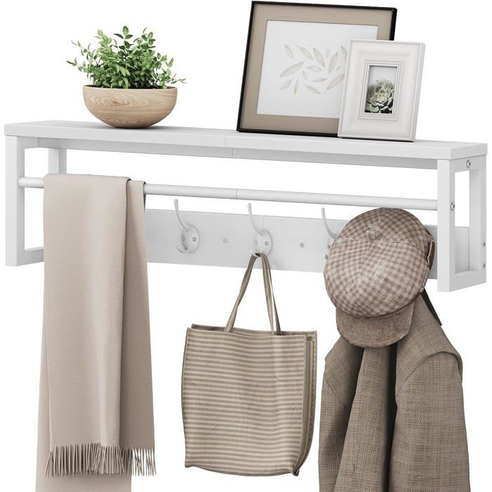 HOOBRO Portemanteaux Mural Étagère de Rangement Suspendue avec Barre et 5 Crochets Ranger Parapluie Chapeau et écharpe Blanc
