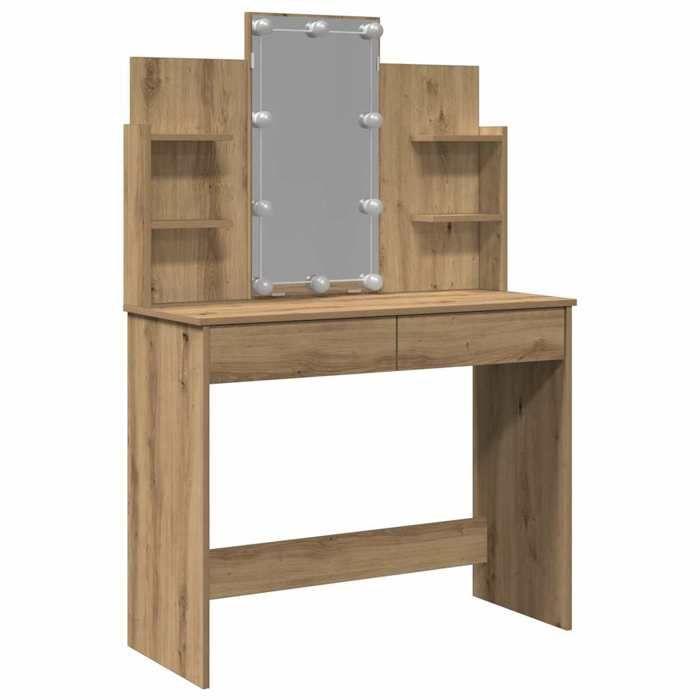 Coiffeuse avec lumières LED - GKO - Chêne artisanal - 96x40x142 cm - Bois dingénierie - Miroir inclus - 2 tiroirs