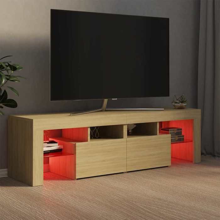 NEUF Armoire TV - Brun - Meuble TV - TABLE TV - avec lumières LED - Chêne sonoma 140x365x40 cm - TT3523
