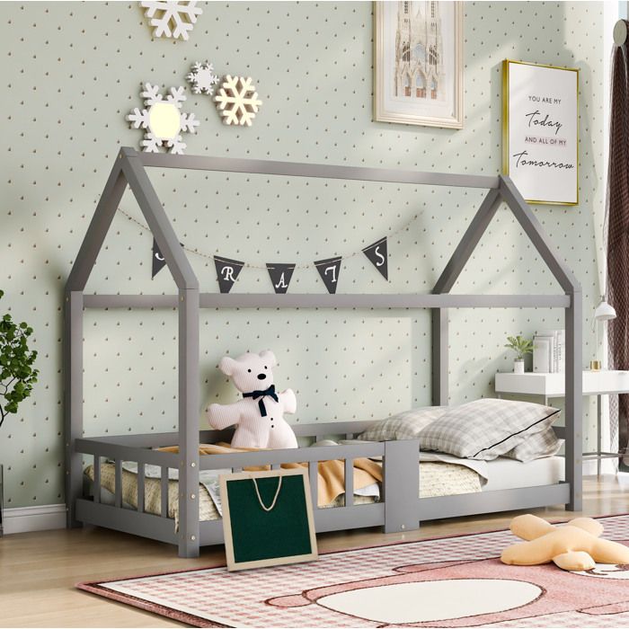 Lit enfant Maisentiel 90x200 cm bois massif gris - lit maison avec tableau 4 côtés anti-chute et 15 lattes