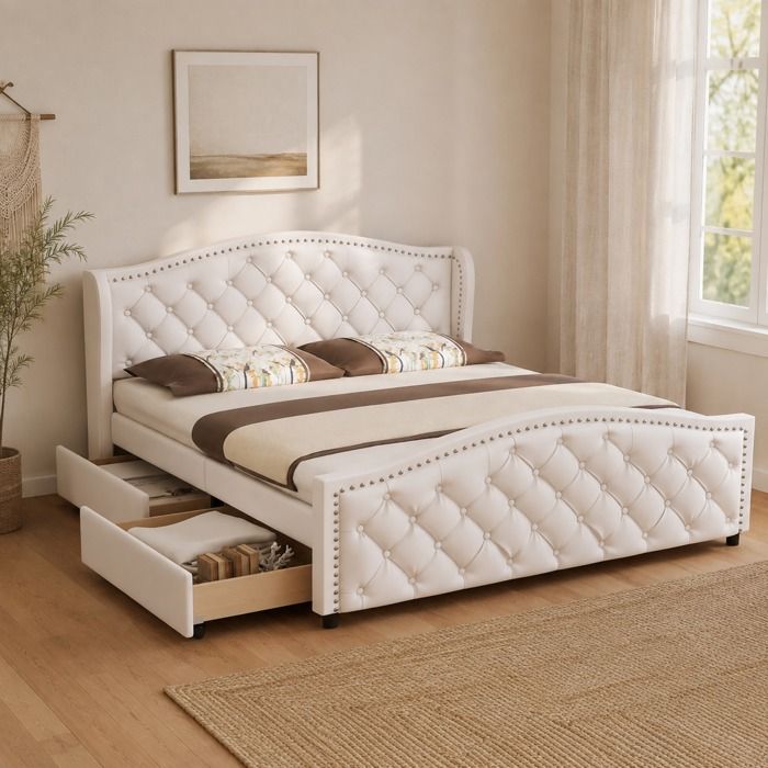 Lit coffre rembourré capitonné Chesterfield FloraGrace 160x200 cm deux tiroirs simili cuir blanc
