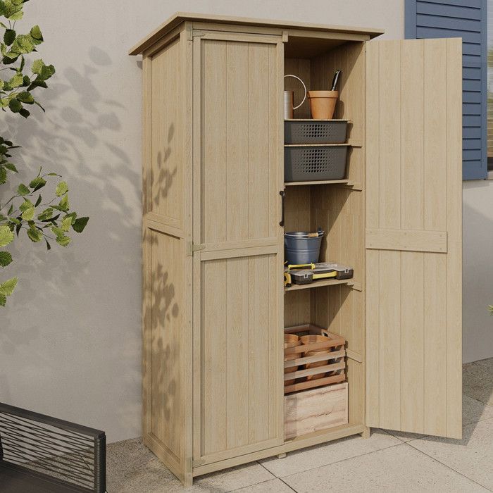 IDMARKET Armoire de jardin en bois 90 x 50 x 160 cm avec toit incliné double porte et étagères IDMARKET Armoire de jardin en bois 90 x 50 x 160 cm avec toit incliné double porte et étagères