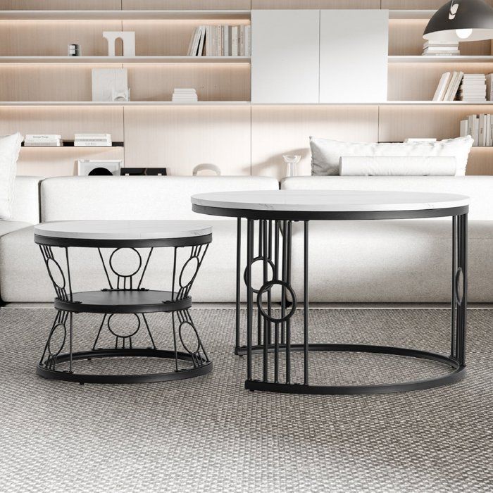 Table basse ronde set de 2 plateau lustré rangement intégré cadre métal noir/blanc – EVRYAE
