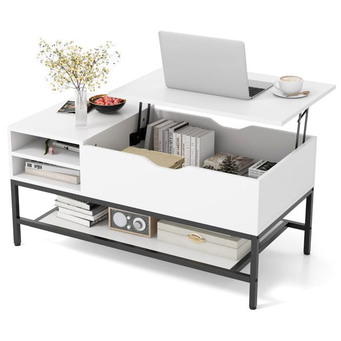 Table basse relevable - HELLOSHOP26 - Style industriel - Plateau relevable - Rangement caché - Blanc