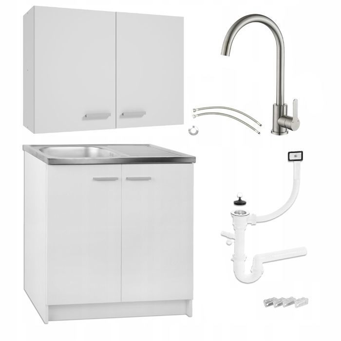 STAMAR Meuble sous Évier 80 cm Blanc + Évier Inox + Robinet Pivotant Chromé+ Siphon LV + Meuble Haut - 80x49x82 cm