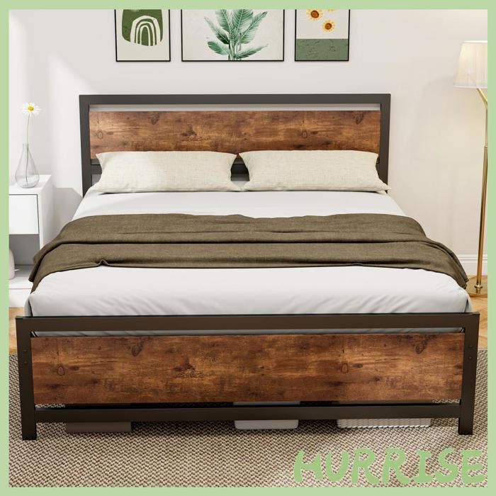 Cocosity Cadre De Lit Double 200 X 160 Cm En Acier Avec Sommier Et Tête De Lit Compatible Matelas Aspect Bois Foncé