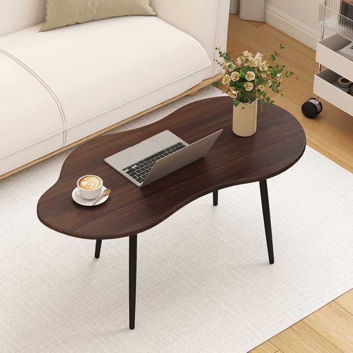 Table Basse Salon 100 x 50 x 44 cm COSTWAY Forme de Nuage Cadre en Métal Table dAppoint Irrégulière pour Chambre Bureau Noyer