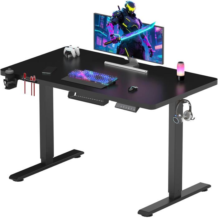 SANODESK Bureau Gaming Réglable en Hauteur 110x54 cm Bureau Assis Debout Table Gamer Électrique Contrôle avec Crochet Noir