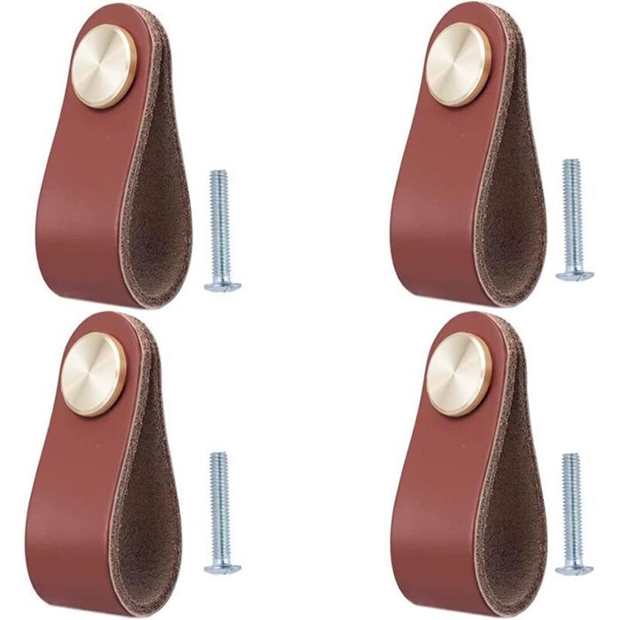 Poignées de meuble en cuir - OKZ® - Lot de 4 pièces - Cuir véritable - Style vintage - Installation facile