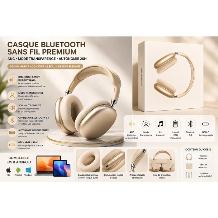 Casque Bluetooth Premium Beige ANC – Mode Transparence USB-C Autonomie 20h