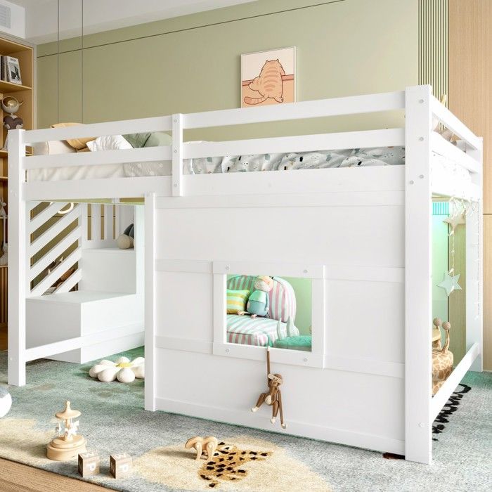 Lit mezzanine 140x200 blanc escalier rangement + fenêtre lit haut fonctionnel chambre ado adulte Sans Matelas Lit mezzanine 140x200 blanc escalier rangement + fenêtre lit haut fonctionnel chambre ado adulte Sans Matelas