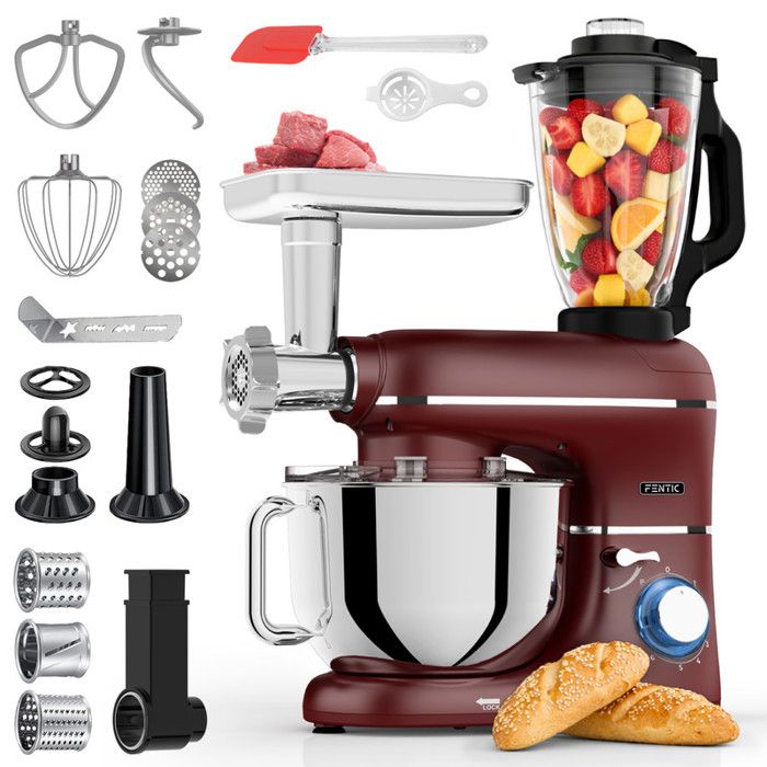 Fentic Robot Pâtissier 6-en-1 2000W – Bol Inox 62L – Hachoir Blender 15L – Crochet Fouet Palette – 6 Vitesses + Pulse – Rouge