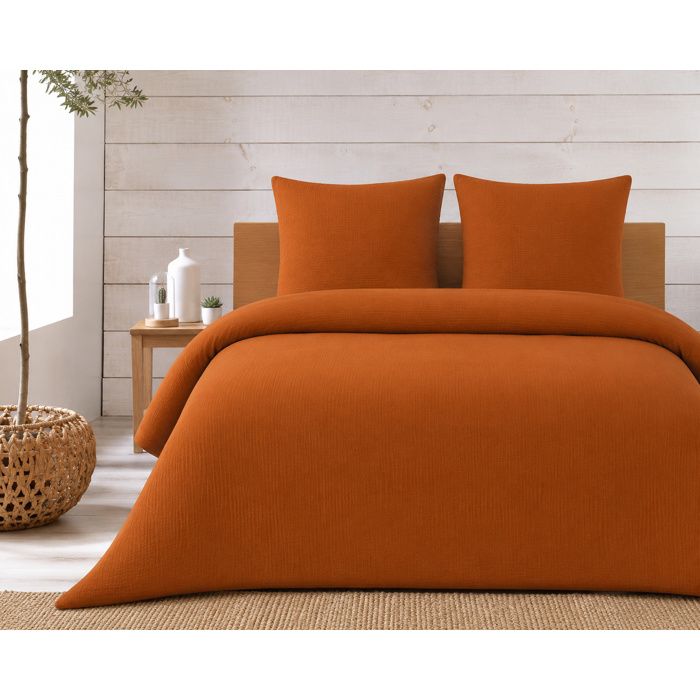 Parure de lit complète 240 x 220 cm gaze de coton – 2 taies 63x63 cm + drap housse 140x190 cm Caramel