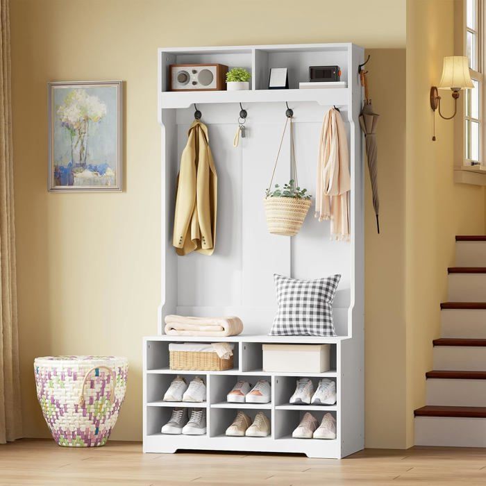 Meuble d’Entrée avec Banc et Armoire à Chaussures-HOOBRO-Portemanteau sur Pied avec 6 Crochets et 3 Étagères Réglables-Blanc