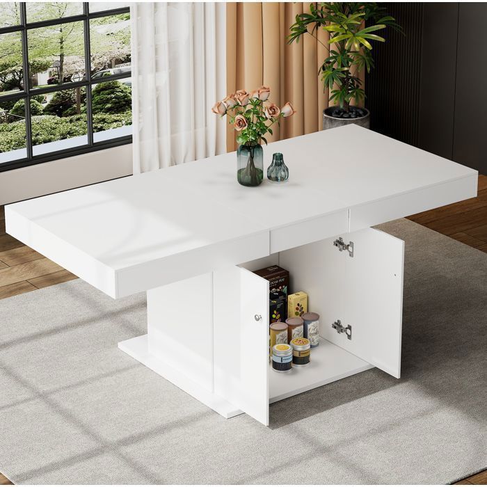 Table à manger extensible blanche 140/180 x 80 x 76 cm rangement intégré panneaux de particules