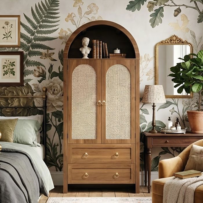 Buffet Haut 80x40x180cm - Design arc vintage - Rangement optimisé - Avec crochets - MDF Noyer