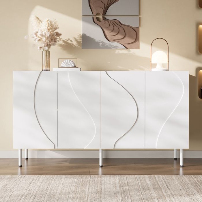 Buffet Moderne avec Portes Incurvées 3D Design Sans Poignée Meuble de Rangement Pieds en Métal pour Salon 140x40x77.5cm Blanc