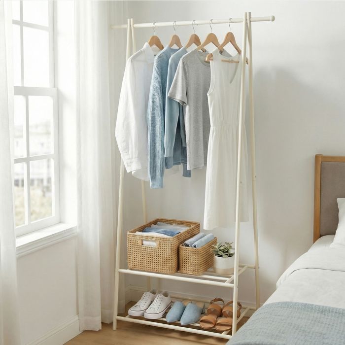 Penderie Mobile Portant à Vêtements Vestiaire avec 2 Étagères Portant en Métal Gain de Place Blanc Penderie Mobile Portant à Vêtements Vestiaire avec 2 Étagères Portant en Métal Gain de Place Blanc