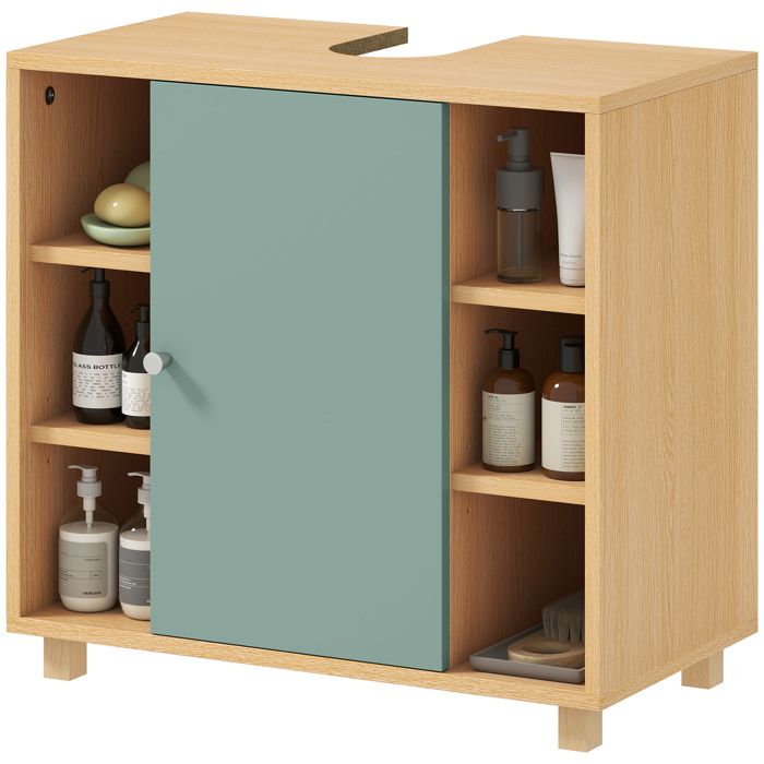 LIA Meuble sous lavabo 6 étagères ouvertes porte fermeture amortie 60x33x57 cm vert