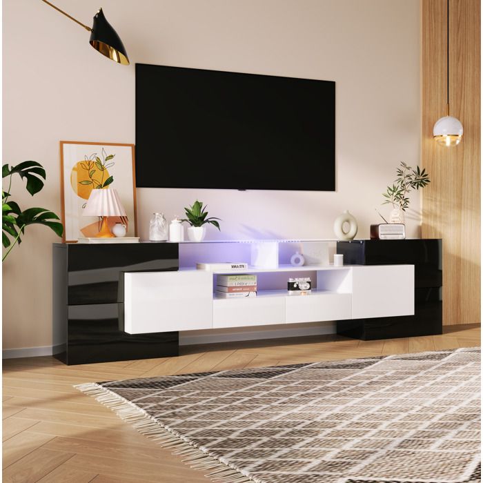 Meuble TV - éclairage LED - 6 portes et 2 tiroirs - Plateau en verre - Blanc et noir laqué - 200x35x60cm