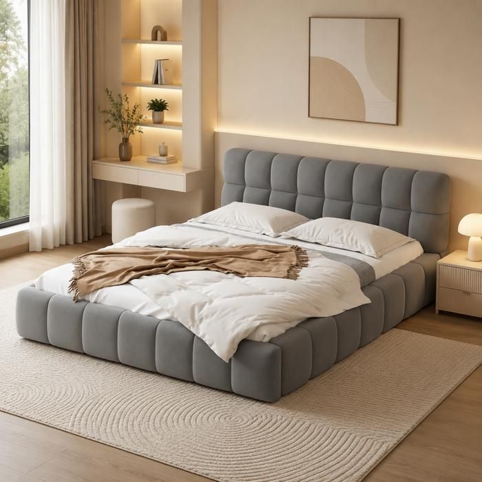 Lit Bulle Double 160x200 cm en Lin Lit rembourré avec Tête de Lit Capitonnée et Sommier à Latteslit adulteGris