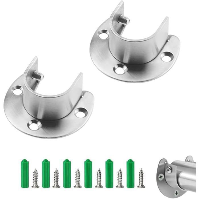 Support Tringle Penderie 25 mm 2 Pièces - Fixation U Douilles Acier Inox - Robuste pour Rideau Armoire - 19mm