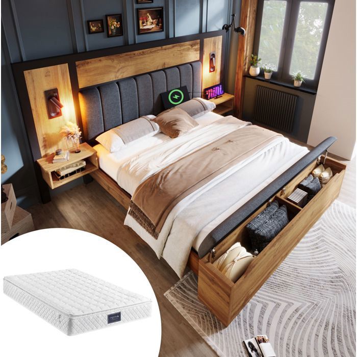 Lit adulte 160 x 200 cm avec 2 tables de chevet lampes de lecture USB Type-C banc de rangement en lin chêne matelas inclus