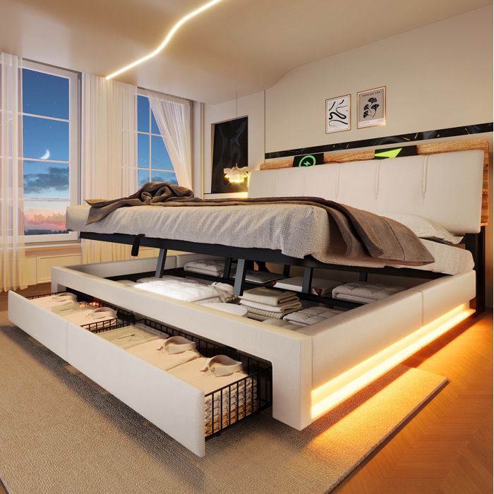 MEUBLIV Sommier coffre 180x200 cm beige avec rangement hydraulique LED USB et USB Type-C sans matelas