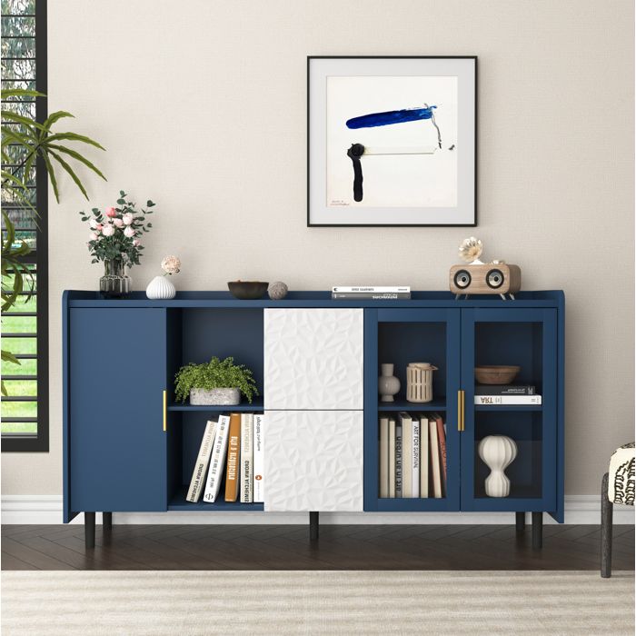 WOVREO Buffet de cuisine bleu 150 cm meuble de rangement MDF avec 2 portes vitrées 2 tiroirs et 2 niches ouvertes