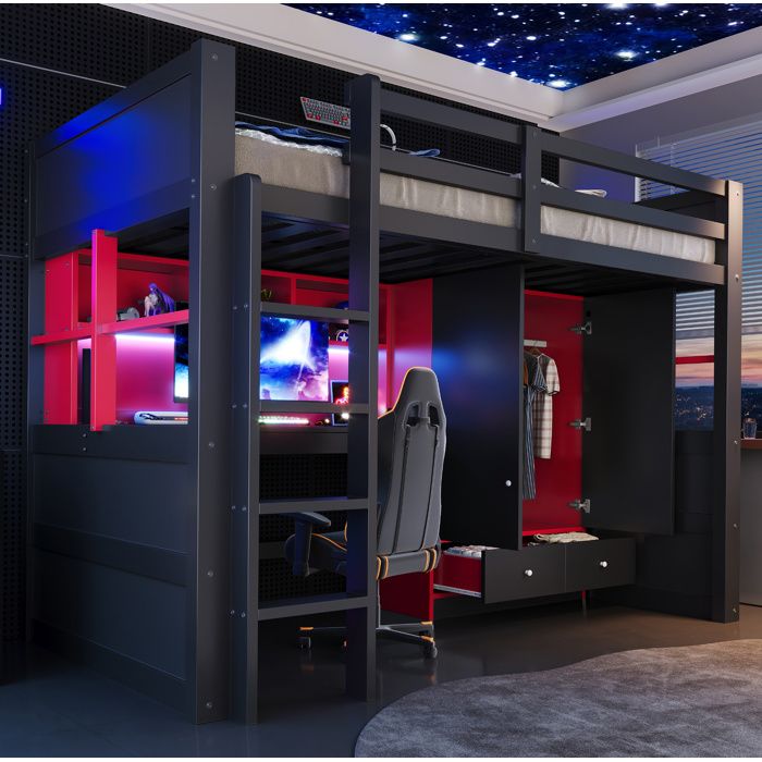 Lit mezzanine 1 place 90×200 cm bureau armoire 2 tiroirs LED et prises - LPOSPI - sans matelas bois - noir et rouge