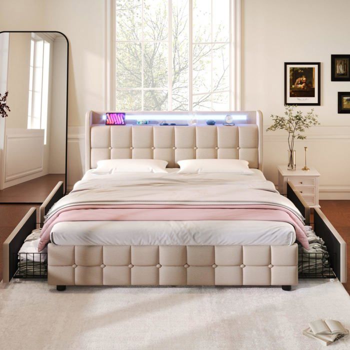 Lit double 140x190 cm tissu lin beige rangement 4 tiroirs éclairage LED charge USB sommier à lattes rembourré