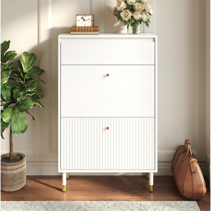ROVRYN Meuble a chaussures etroit 65 x 24 x 104 cm avec 1 tiroir 2 abattants MDF et panneaux de particules blanc