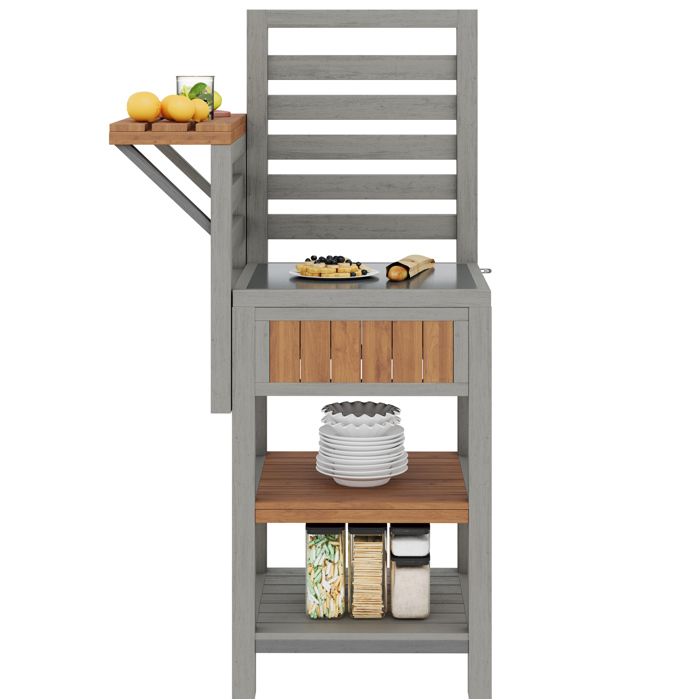 ELVORIN Armoire de jardin pour exterieur 74 x 54 x 149 cm plan de travail en inox double etagere de rangement en bois naturel