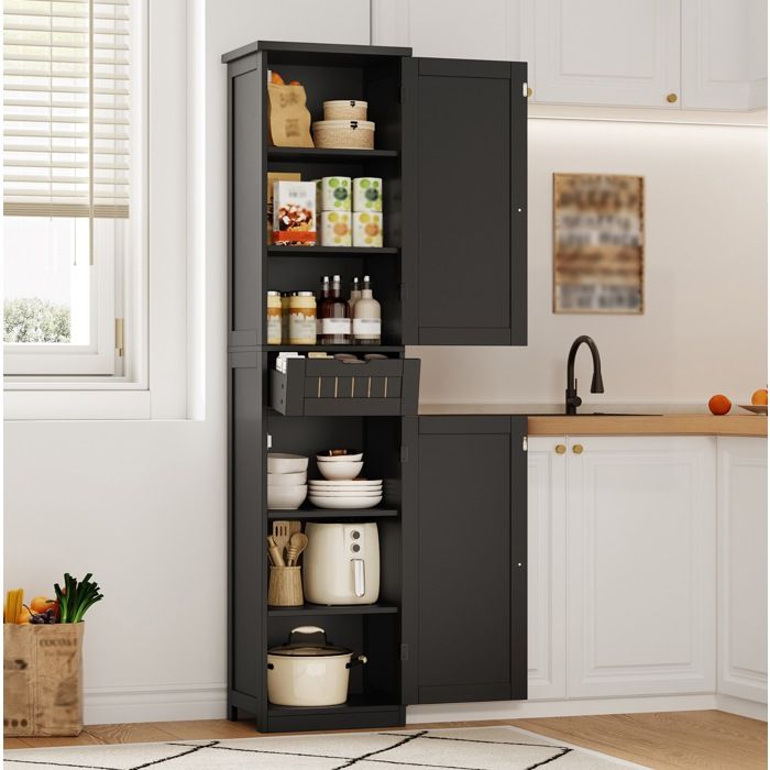 Colonne de cuisine avec 2 portes 1 tiroir et 4 étagères réglables - pour cuisine ou salon - en MDF - noir - 170×40×30 cm