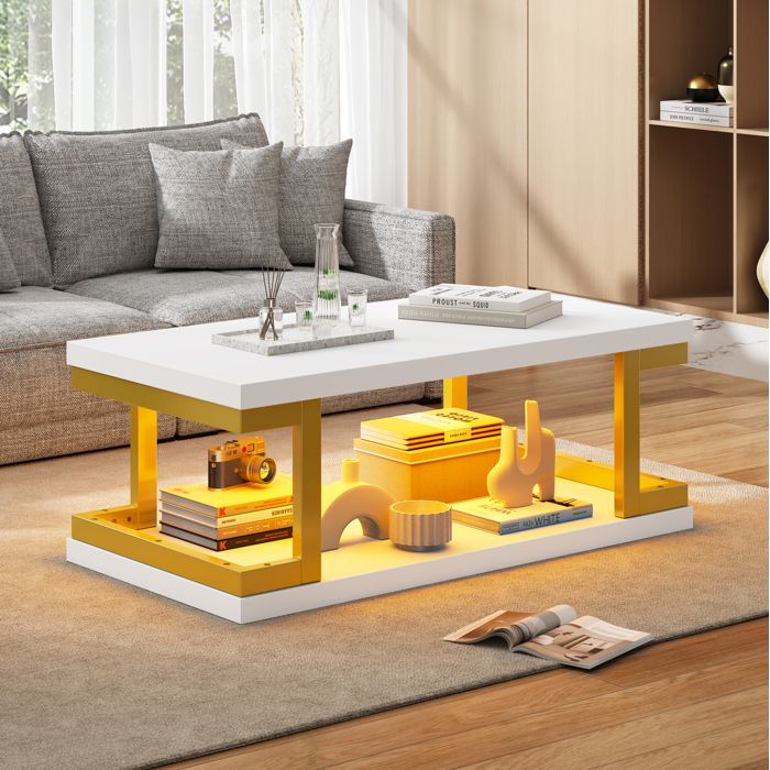 ULEVR Table basse rectangulaire blanche et dorée avec LED MDF et métal 100 x 50 x 375 cm