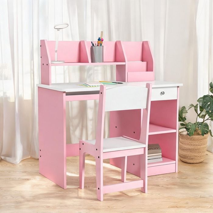 Ensemble bureau enfant avec chaise et rangements 90 x 45 x 90 cm MDF rose classique