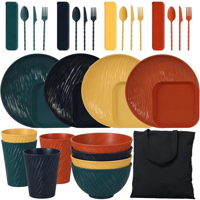 Vaisselle Camping 4 PersonnesSet Pique Nique CouleurCouverts VoyageAssiettes Bols Gobelets Pteau Sac Coloré