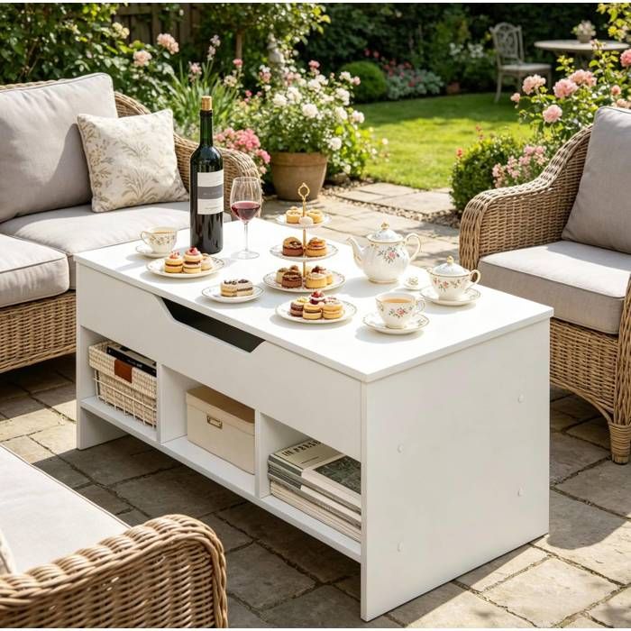 VUENOR Table basse relevable 96 x 51 cm blanc – rangement intégré transformable