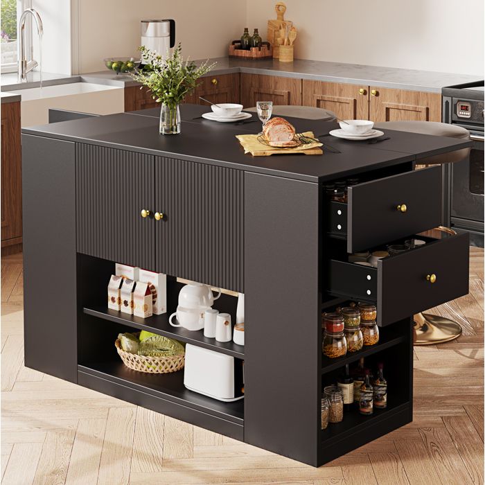 Îlot central de cuisine AESVAR avec plateau rabattable 140 x 40 x 90 cm MDF noir