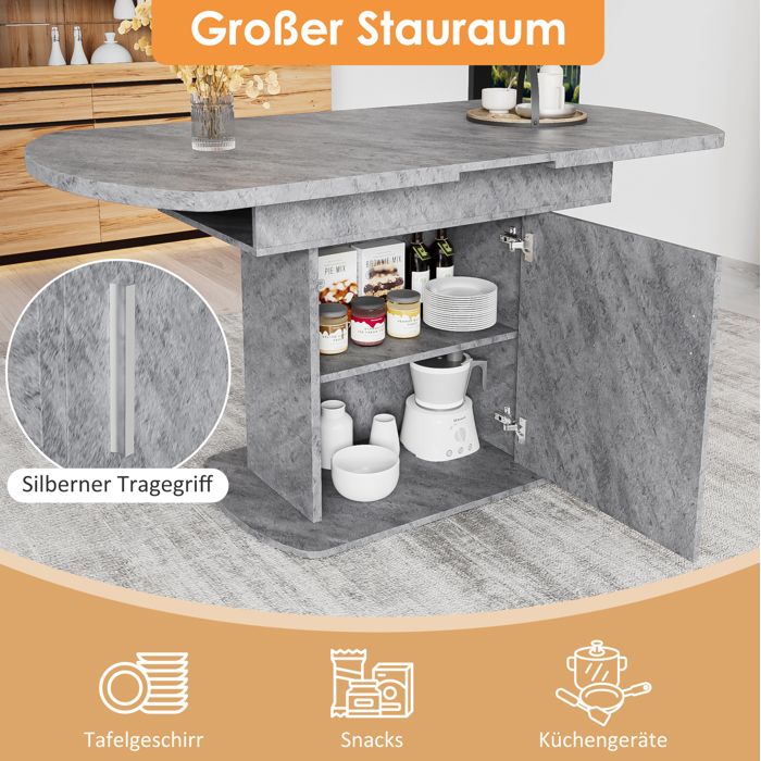 Table à manger ovale extensible 110/130 x 70 x 75 cm en panneaux de particules et métal grise avec rangement