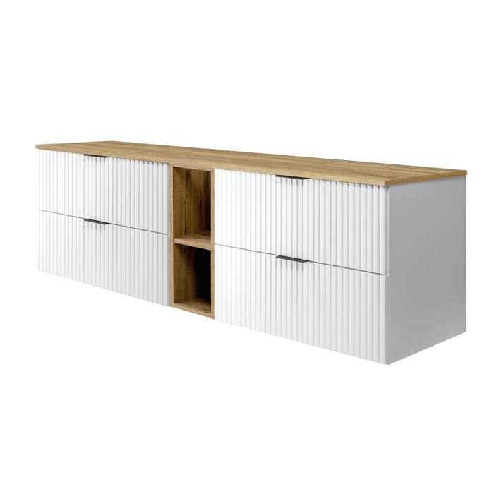 Meuble vasque suspendu - 3XE LIVING - 180 cm - Blanc/Chêne Craft - 4 tiroirs & 2 étagères - Poignée noire