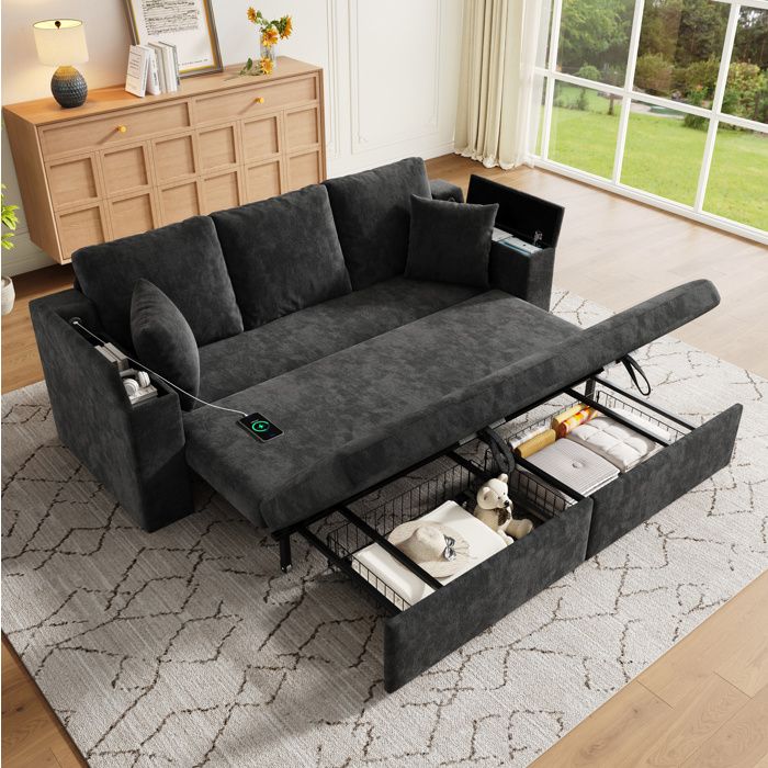 Maisentiel Canapé convertible 3 places 3-en-1 en chenille gris lit extractible coffre de rangement USB/Type-C