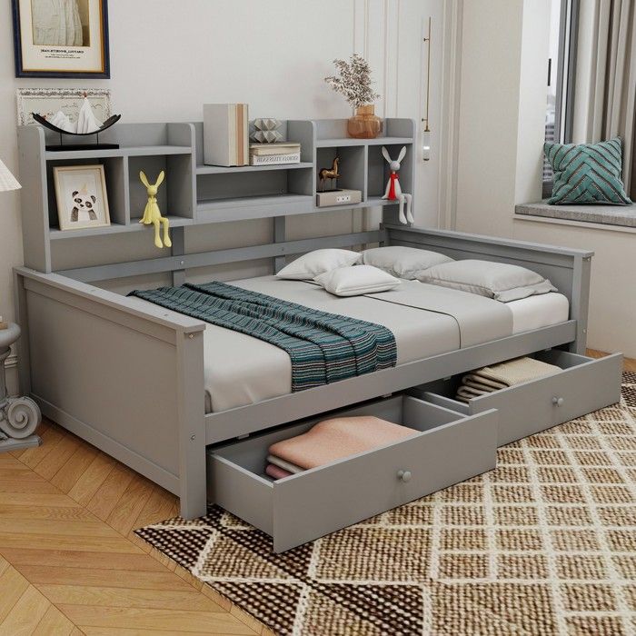 Lit canapé gris en bois - BLACKCOLOR - 90x200 cm - Deux tiroirs de rangement - Compartiments latéraux - Sommier à lattes Lit canapé gris en bois - BLACKCOLOR - 90x200 cm - Deux tiroirs de rangement - Compartiments latéraux - Sommier à lattes