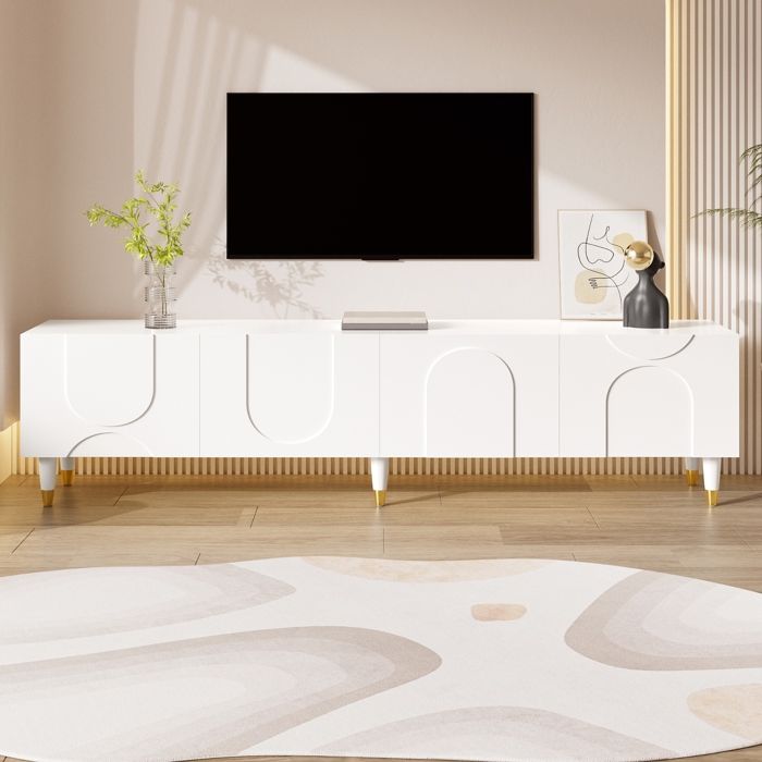 Meuble TV 4 Portes Rangement Multiple Buffet Bas Relief Arqué Asymétrique en MDF pour Salon 180x40x50 cm Blanc