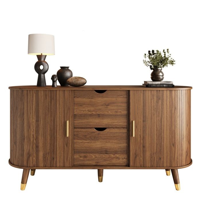 Optimiser Espace et Décoration Buffet Bas Effet Noyer Coins Arrondis 2 Tiroirs Portes Rainurées Pieds Bois
