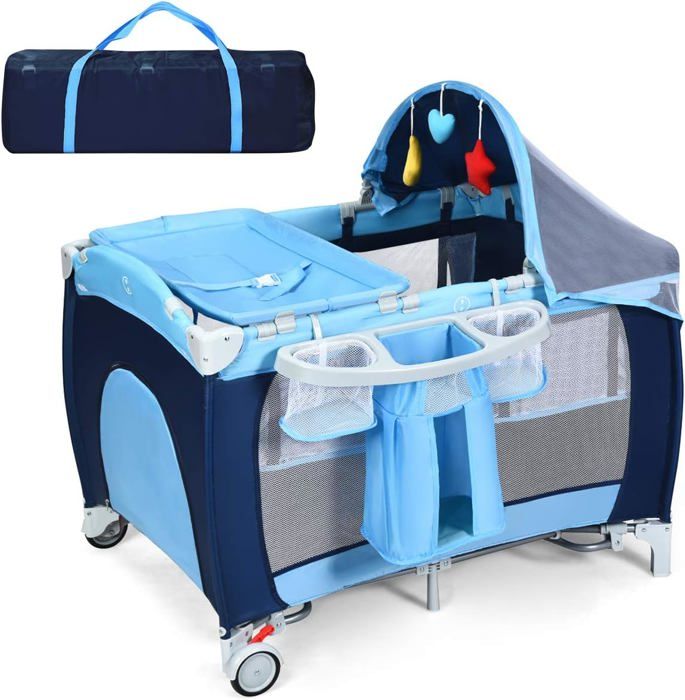 GOPLUS Lit Parapluie B&eacute;b&eacute; 0-36Mois Pliable -  - Charge 15KG - 2 Roues Verrouillables-Matelas/Table &agrave; Langer/Musique/Moustiquaire 