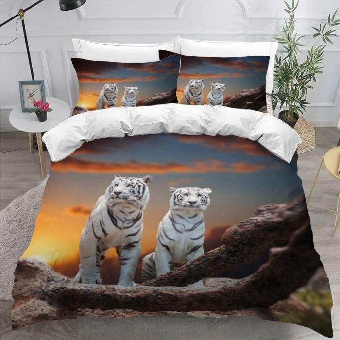 Housse De Couette 200x200 Cm Imprimé Tigre – Parure De Lit Douce En Polycoton Avec Taies