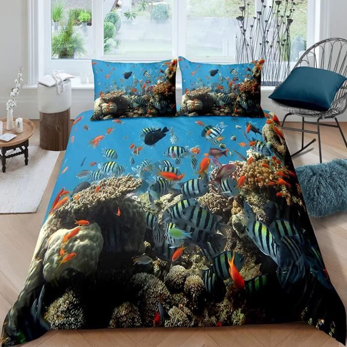 Océan Housse De Couette 220X240 Cm 2 Personnes 3D Motif Corail Poisson